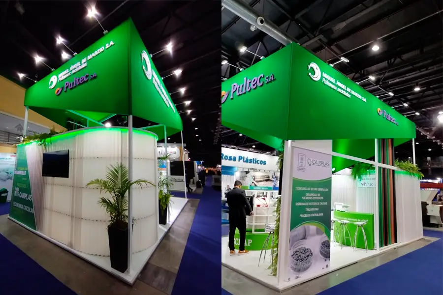Stand modular verde ecológico para Plasticos de marzio,en argenplas 2024. Iluminacion led y utilizacion de materiales reciclados.