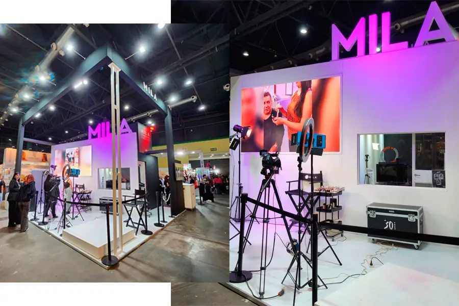Stand de Mila Marzi en Expoestética diseñado por Saconi Folco Stands, feria de estética en Argentina